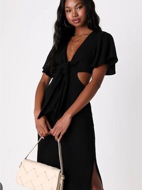 Lulu's Black Tie-Front Cutout Midi Dress with Flutter Sleeves NWT